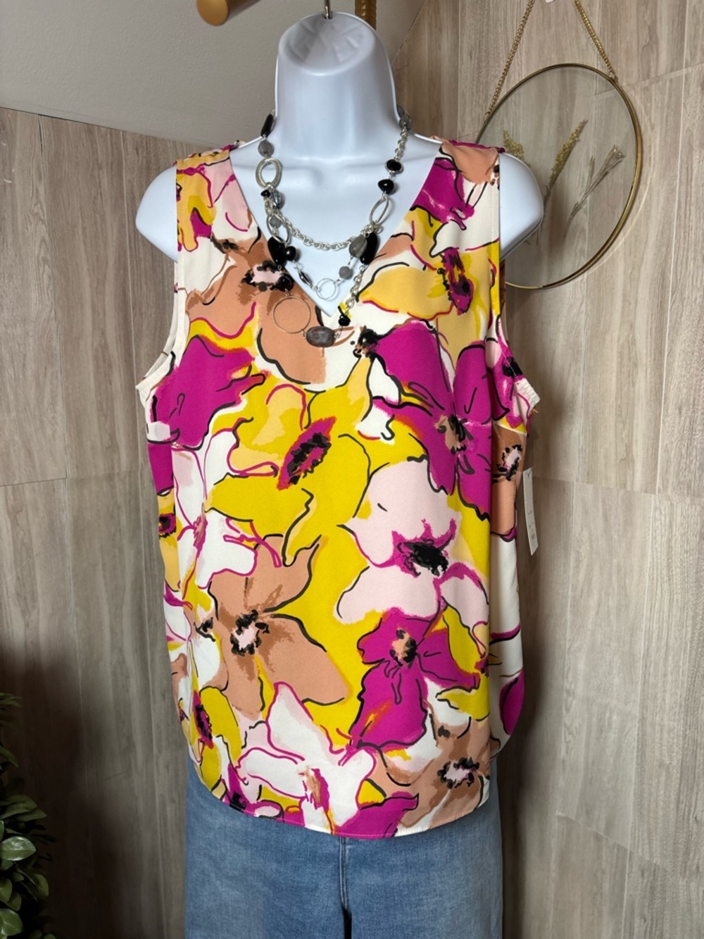 Nine West Vibrant Floral V-Neck Sleeveless Camisole in Yellow, Pink & Cream